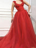 A Line Spaghetti Straps Red Tulle Prom Dresses With Appliques LBQ2474